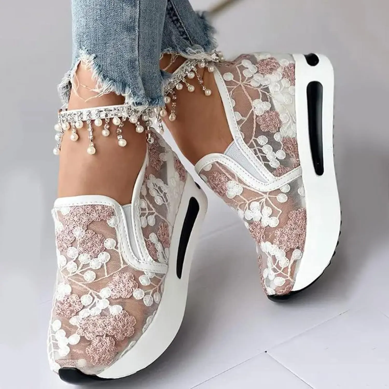 Hbeylia Platform Wedge Sneakers for Women Fashion Embroidery Floral Mesh Air Comfort Chunky Sole Hidden High Heels Slip On Loafers Breathable Walking Work Shoes with Arch Support