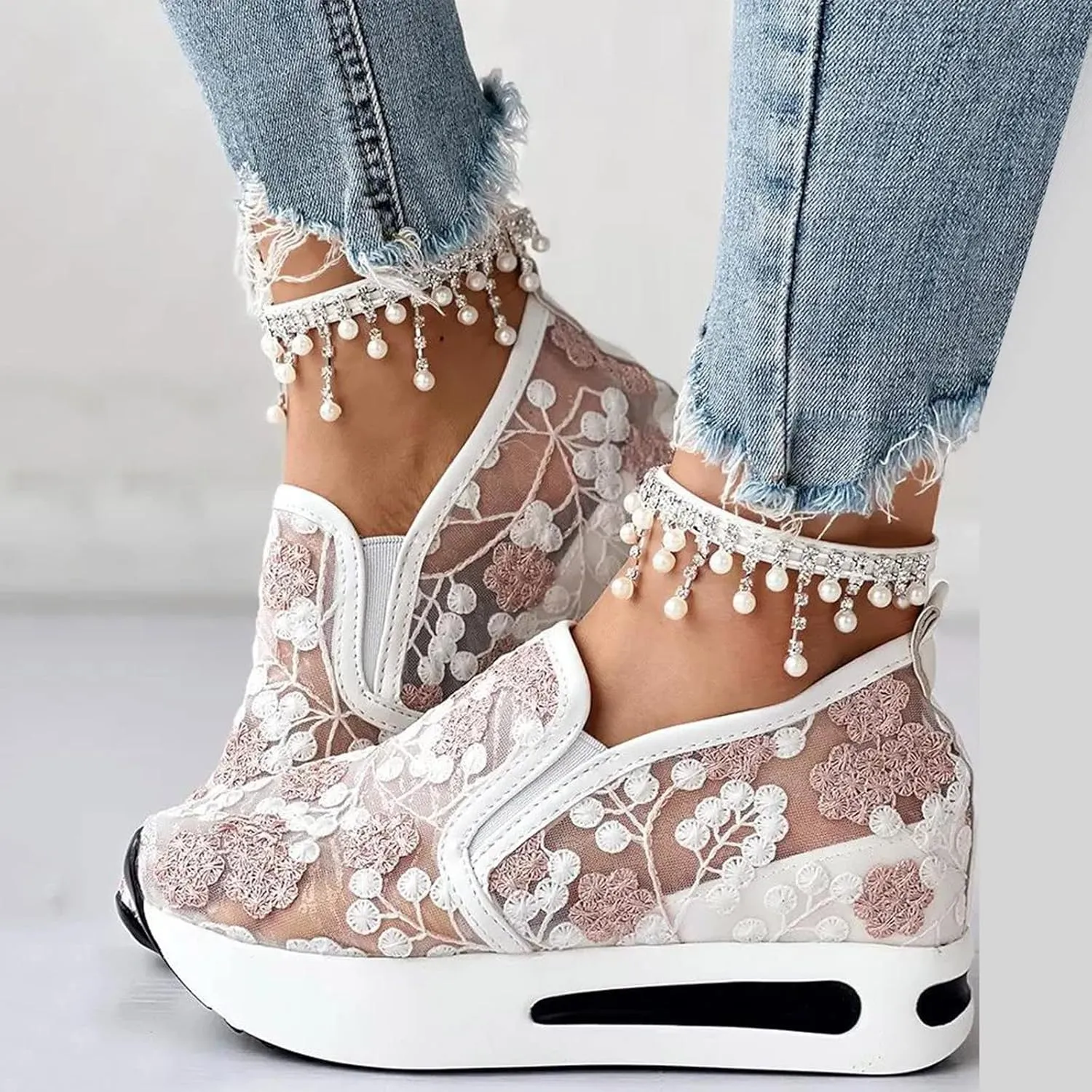 Hbeylia Platform Wedge Sneakers for Women Fashion Embroidery Floral Mesh Air Comfort Chunky Sole Hidden High Heels Slip On Loafers Breathable Walking Work Shoes with Arch Support