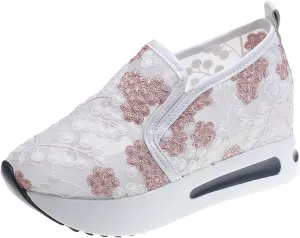 Hbeylia Platform Wedge Sneakers for Women Fashion Embroidery Floral Mesh Air Comfort Chunky Sole Hidden High Heels Slip On Loafers Breathable Walking Work Shoes with Arch Support