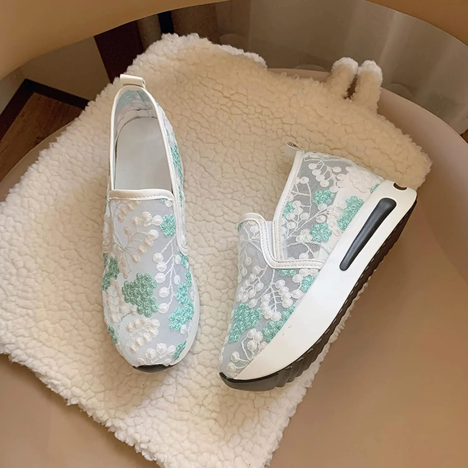 Hbeylia Platform Wedge Sneakers for Women Fashion Embroidery Floral Mesh Air Comfort Chunky Sole Hidden High Heels Slip On Loafers Breathable Walking Work Shoes with Arch Support