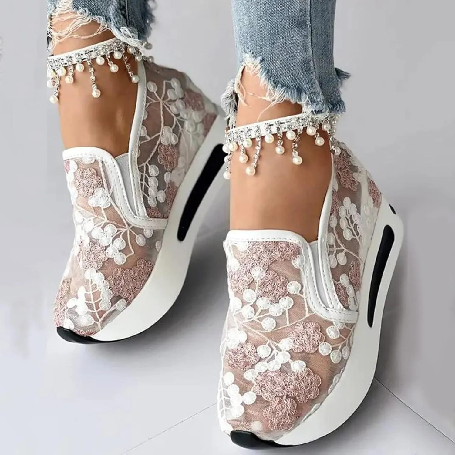 Hbeylia Platform Wedge Sneakers for Women Fashion Embroidery Floral Mesh Air Comfort Chunky Sole Hidden High Heels Slip On Loafers Breathable Walking Work Shoes with Arch Support