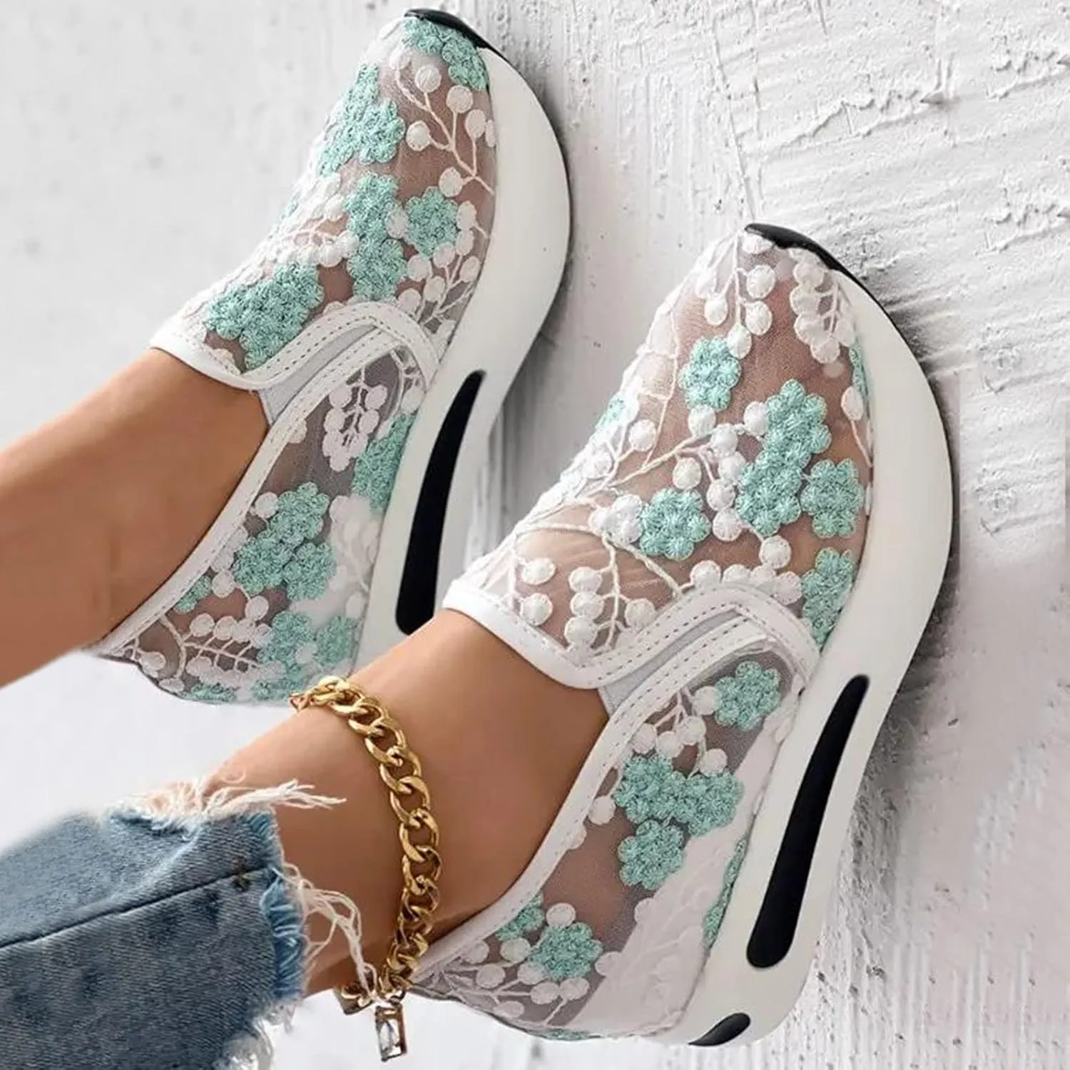 Hbeylia Platform Wedge Sneakers for Women Fashion Embroidery Floral Mesh Air Comfort Chunky Sole Hidden High Heels Slip On Loafers Breathable Walking Work Shoes with Arch Support