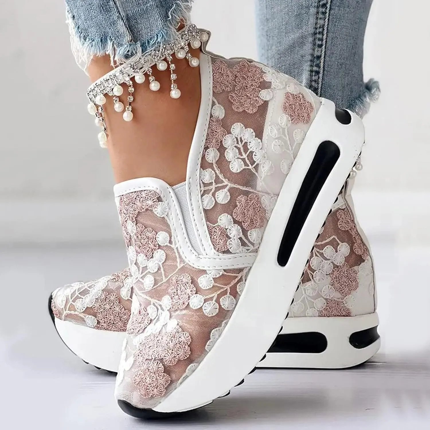 Hbeylia Platform Wedge Sneakers for Women Fashion Embroidery Floral Mesh Air Comfort Chunky Sole Hidden High Heels Slip On Loafers Breathable Walking Work Shoes with Arch Support