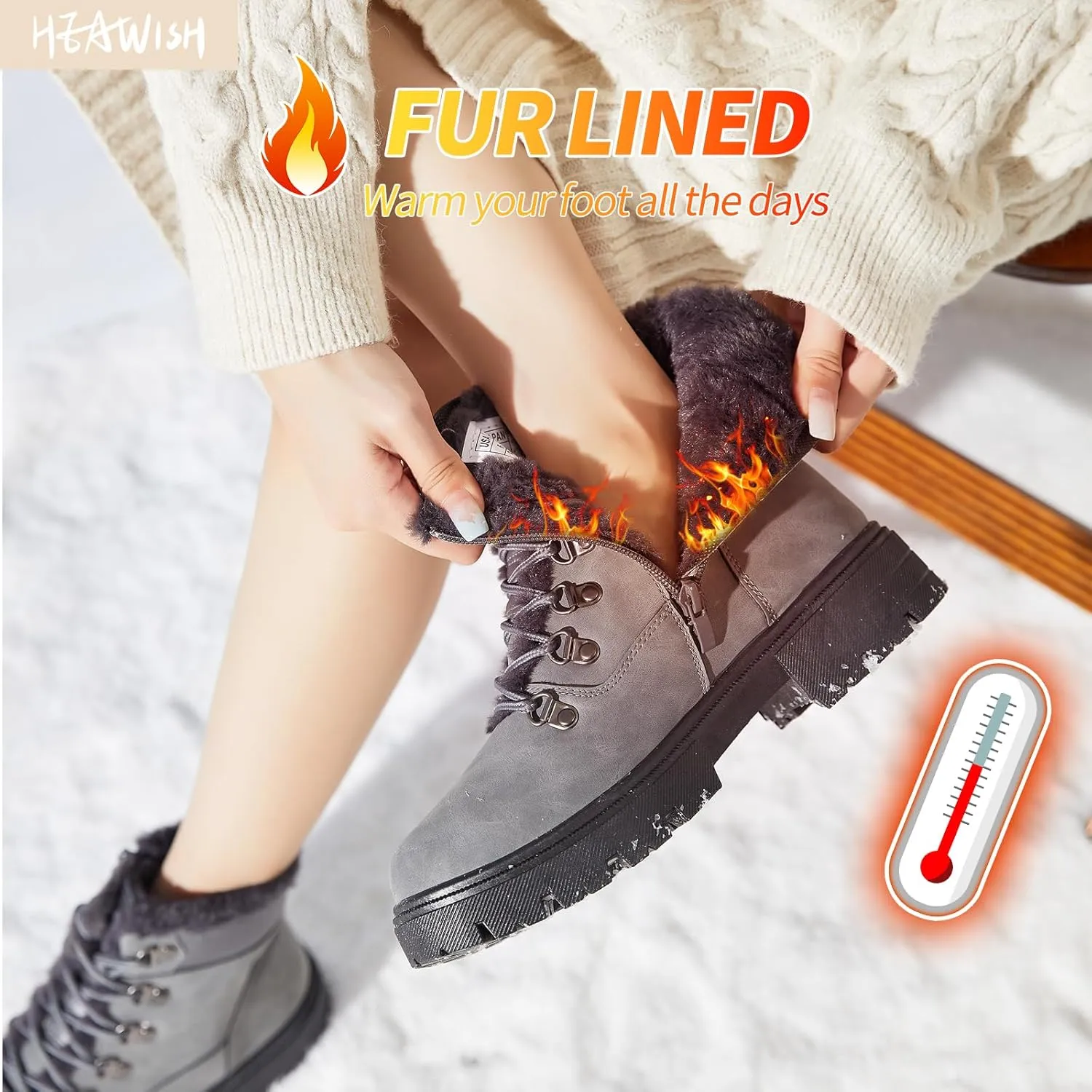 HEAWISH Women Winter Snow Boots with Fur Lined,Black Low heels Combat Ankle Boots,Non Slip Leather Ankle Boots for Women