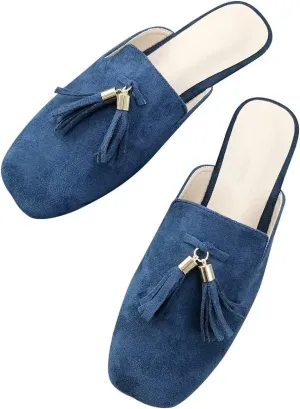 Hee grand Mules for Women Tassel Mule Slippers Summer Square Toe Slip On Loafers Casual Closed Toe Suede Flat Slides