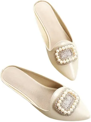 Hee grand Women's Flat Mules Crystal Shoes Rhinestone Pointed Toe Backless Slides Light Weight Slip on Loafers