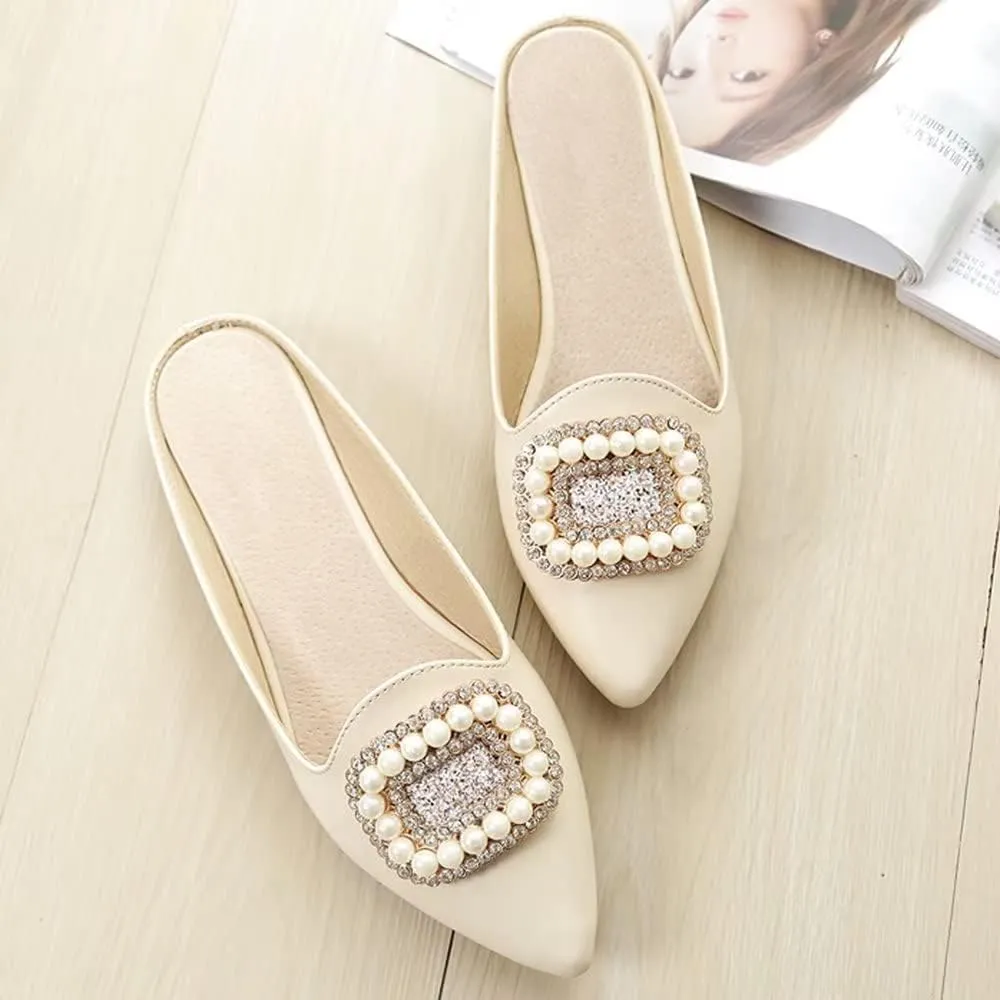 Hee grand Women's Flat Mules Crystal Shoes Rhinestone Pointed Toe Backless Slides Light Weight Slip on Loafers