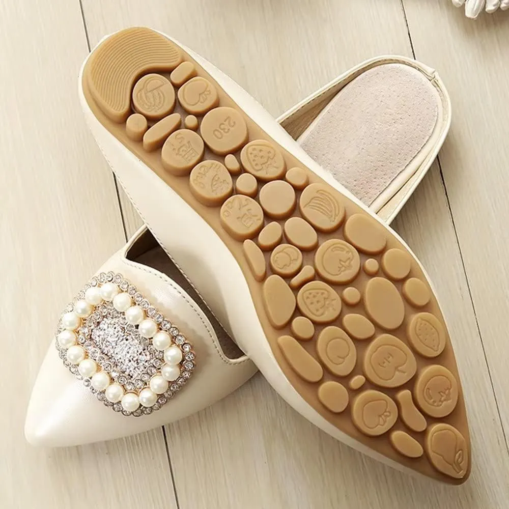 Hee grand Women's Flat Mules Crystal Shoes Rhinestone Pointed Toe Backless Slides Light Weight Slip on Loafers
