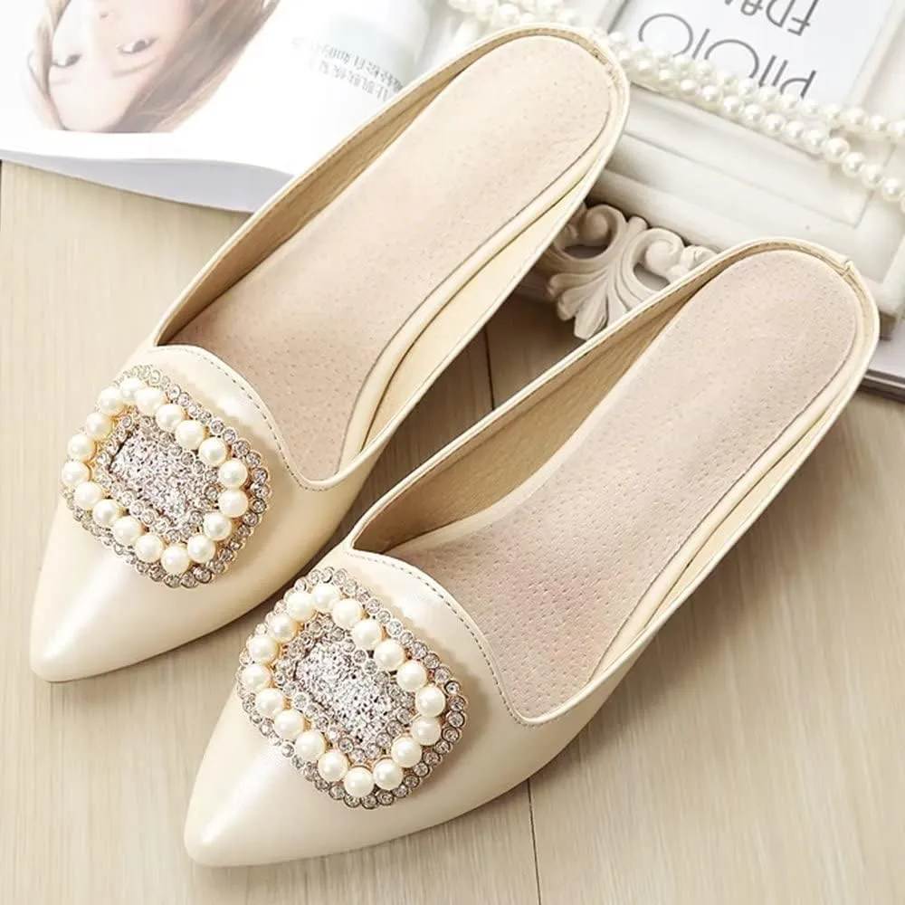 Hee grand Women's Flat Mules Crystal Shoes Rhinestone Pointed Toe Backless Slides Light Weight Slip on Loafers