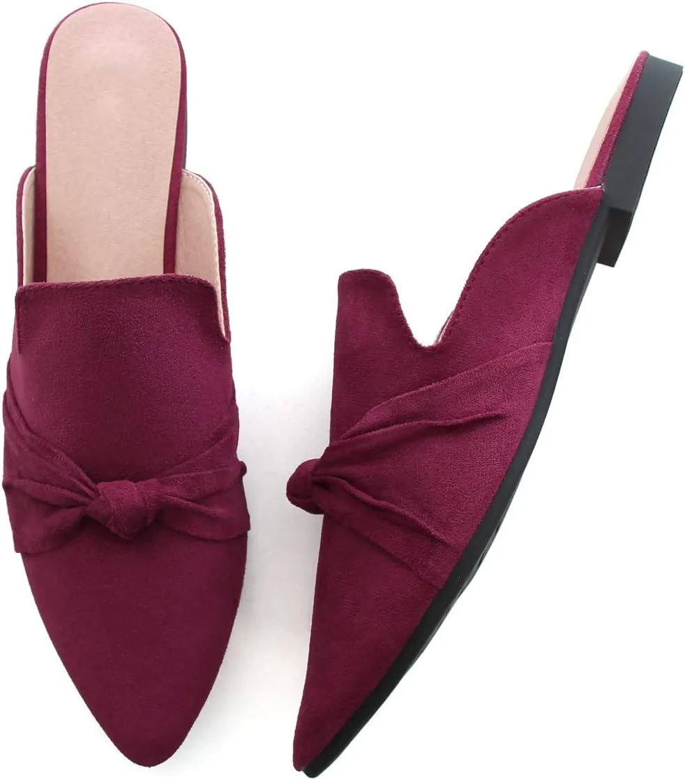 Hee grand Women's Mules Bowknot Suede Comfortable Slip On Flats Closed Pointed Toe Backless Loafers Mules for Women