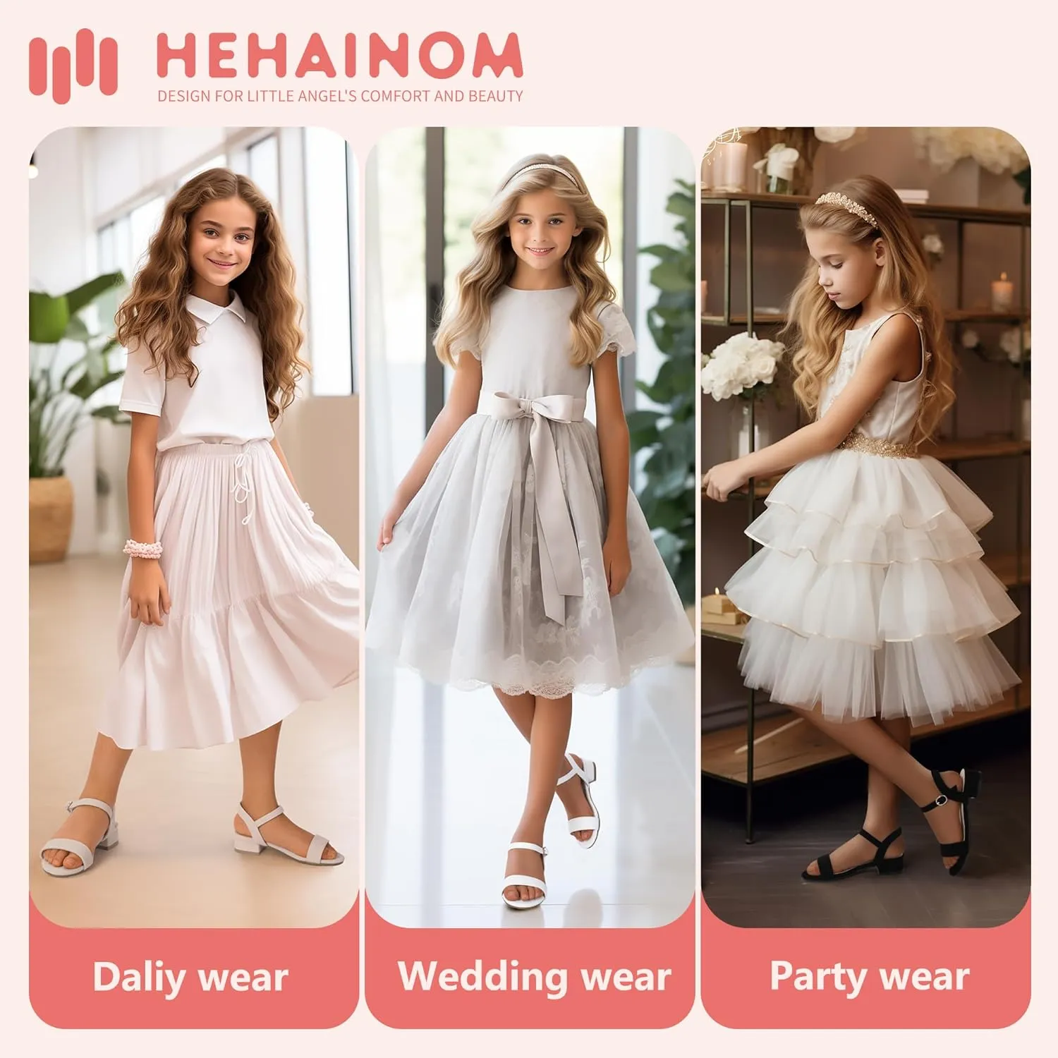 Hehainom Girls Dress Shoes Low Heels Sandals Open Toe Wedding Party School for Little Big Kids Flower Girl Shoes