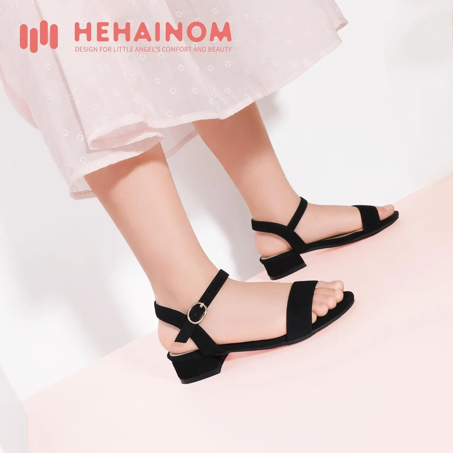 Hehainom Girls Dress Shoes Low Heels Sandals Open Toe Wedding Party School for Little Big Kids Flower Girl Shoes