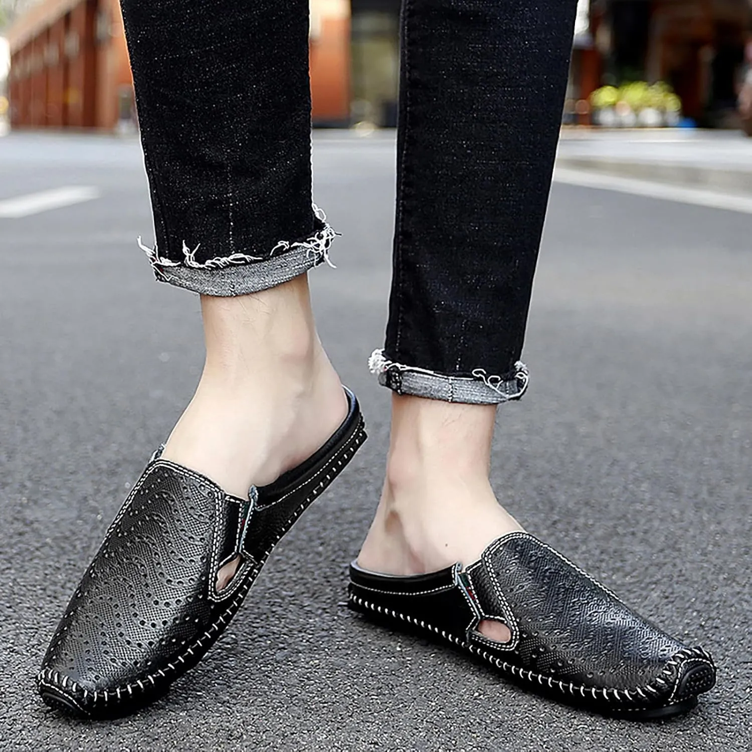 Helenbra Men's Hollow Backless Handmade Leather Mules Sandals,Summer Hook & Loop Breathable Slingback Non-slip Soft Sole Comfortable Slip-on Home Office Casual Flat Sandals Slippers