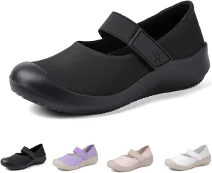 Helenbra Women's Round Toe Flat Mary Jane Loafers,Comfort Cloth Upper Breathable Hook & Loop Slip On Outdoor Lightweight Flat Walking Mom Shoes Cute Closed Toe Casual Travel Work Shoes