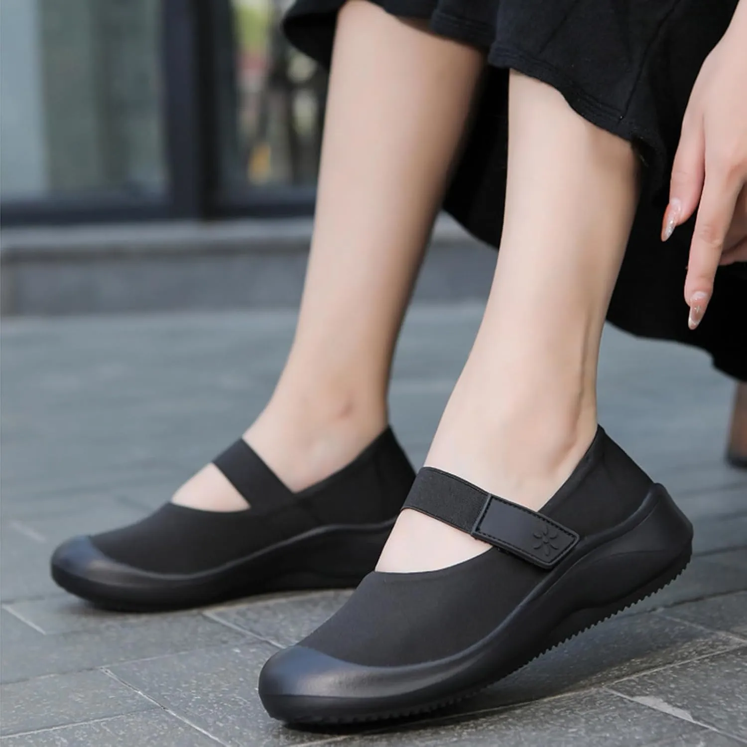 Helenbra Women's Round Toe Flat Mary Jane Loafers,Comfort Cloth Upper Breathable Hook & Loop Slip On Outdoor Lightweight Flat Walking Mom Shoes Cute Closed Toe Casual Travel Work Shoes