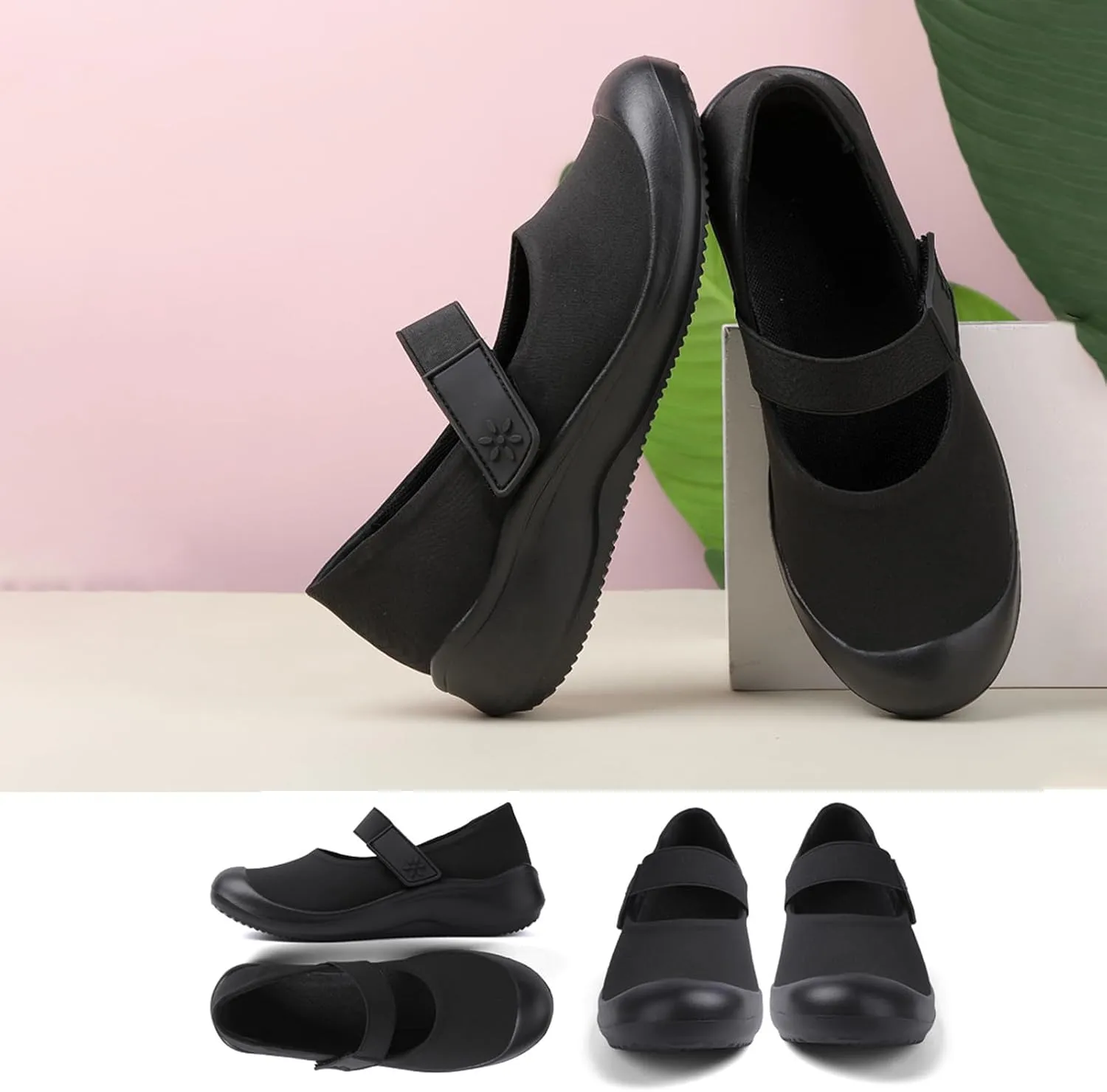 Helenbra Women's Round Toe Flat Mary Jane Loafers,Comfort Cloth Upper Breathable Hook & Loop Slip On Outdoor Lightweight Flat Walking Mom Shoes Cute Closed Toe Casual Travel Work Shoes
