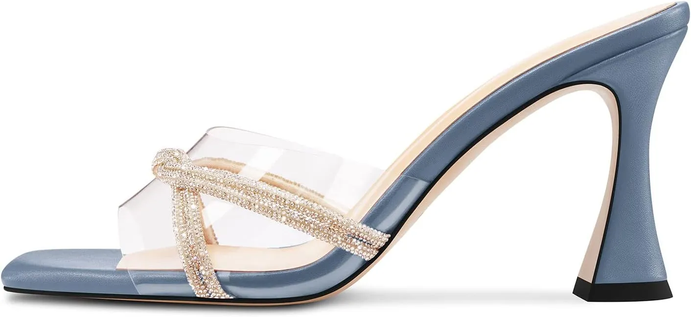 HEUIVZAR Womens Mid Kitten Heel Peep Open Square Toe Mules Shoes Slip-on Rhinestone Crystal Prom Clear Summer Shoes