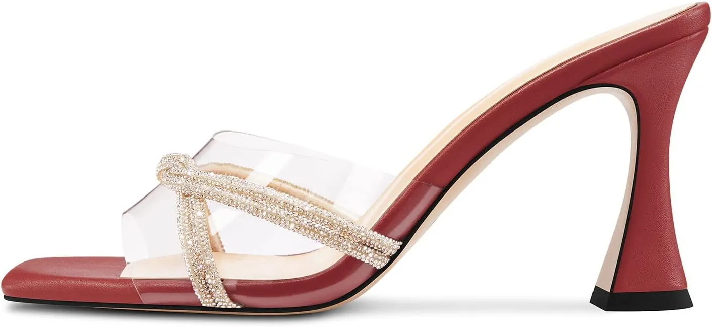 HEUIVZAR Womens Mid Kitten Heel Peep Open Square Toe Mules Shoes Slip-on Rhinestone Crystal Prom Clear Summer Shoes