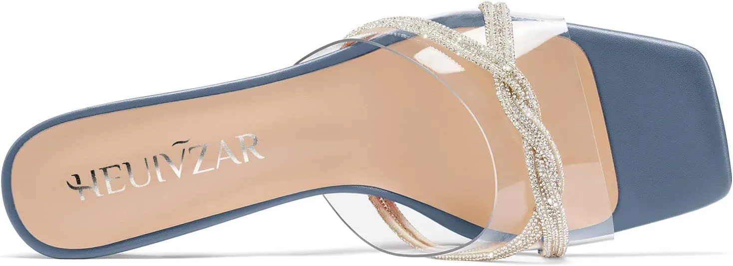 HEUIVZAR Womens Mid Kitten Heel Peep Open Square Toe Mules Shoes Slip-on Rhinestone Crystal Prom Clear Summer Shoes