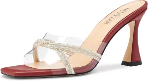 HEUIVZAR Womens Mid Kitten Heel Peep Open Square Toe Mules Shoes Slip-on Rhinestone Crystal Prom Clear Summer Shoes