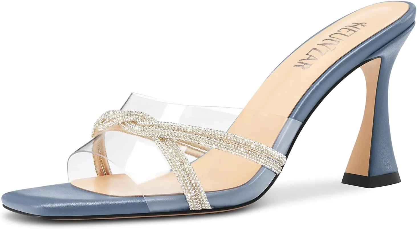 HEUIVZAR Womens Mid Kitten Heel Peep Open Square Toe Mules Shoes Slip-on Rhinestone Crystal Prom Clear Summer Shoes
