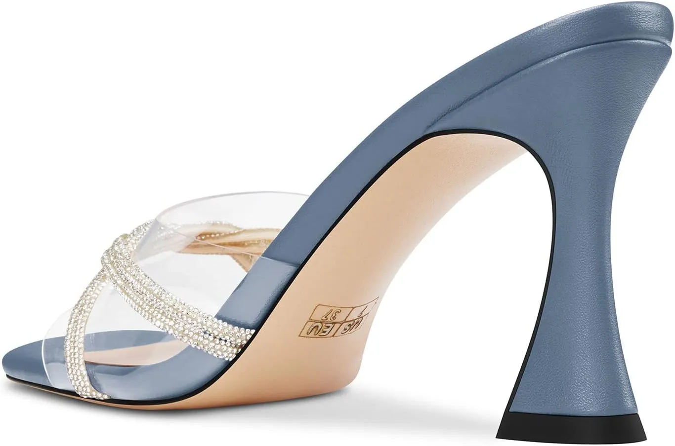 HEUIVZAR Womens Mid Kitten Heel Peep Open Square Toe Mules Shoes Slip-on Rhinestone Crystal Prom Clear Summer Shoes