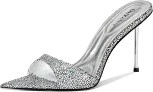 High Heel Mules for Women Pointed Toe Slip On Design with 3.7 Inch Metal Stiletto Heel and Soft Padded Insole in Iridescent Gold for Parties or Date Night