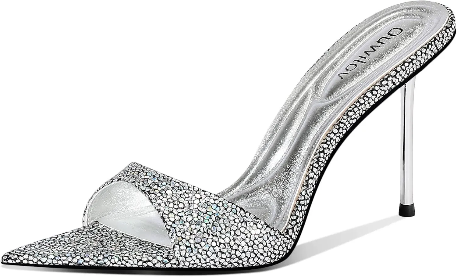 High Heel Mules for Women Pointed Toe Slip On Design with 3.7 Inch Metal Stiletto Heel and Soft Padded Insole in Iridescent Gold for Parties or Date Night