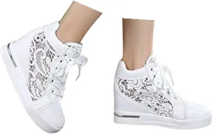 High Heeld Wedge Sneakers for Women Platform Hidden Heels White Sneakers Lace Crochet Lace Up Shoes Chunky Bottom High Top Canvas Shoes Mesh Casual Loafers Breathable, 6.5, Black-b