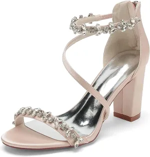 High Heels for Women Sexy Open Toe Rhinestones Chunky Heel Pumps Sandal Wedding Dress Shoes for Bride Bridal Block Heels Heeled Sandals Wide
