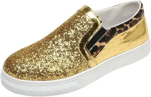 HINDOLA Women Rhinestone Platform Loafers Glitter Fashion Slip-On Sparkle Casual Flat Walking Shoes Bling Sequin Sneakers Gold