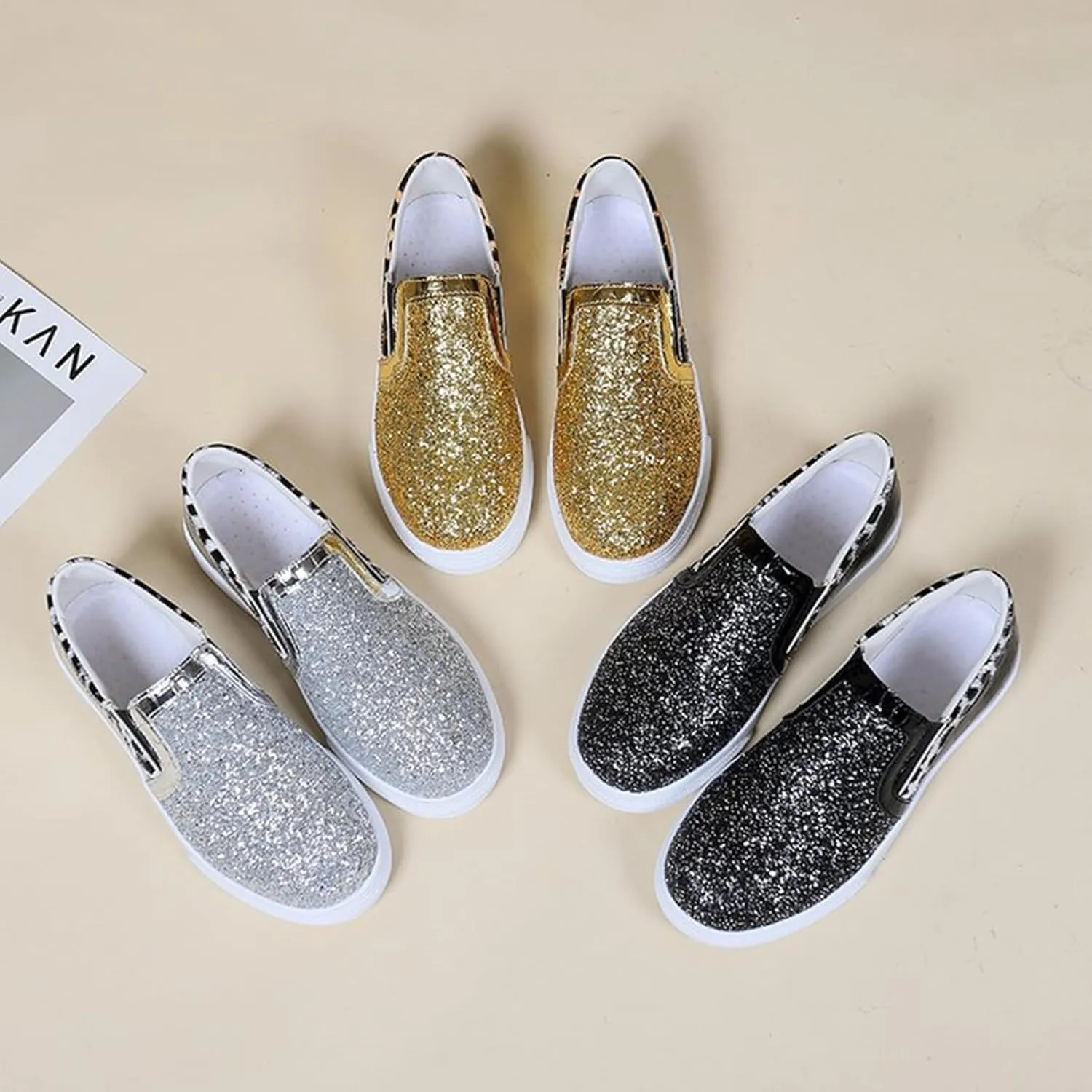 HINDOLA Women Rhinestone Platform Loafers Glitter Fashion Slip-On Sparkle Casual Flat Walking Shoes Bling Sequin Sneakers Gold