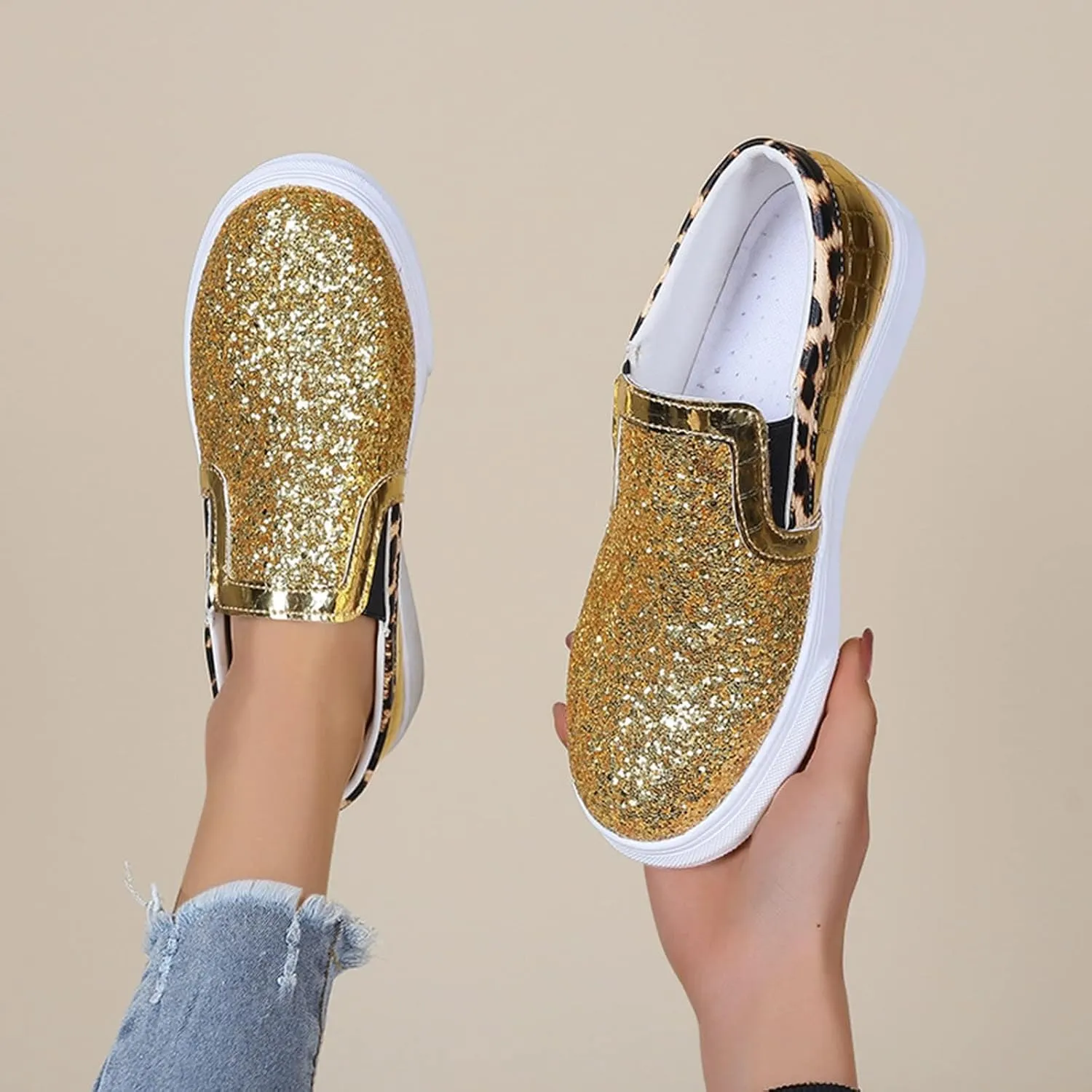 HINDOLA Women Rhinestone Platform Loafers Glitter Fashion Slip-On Sparkle Casual Flat Walking Shoes Bling Sequin Sneakers Gold