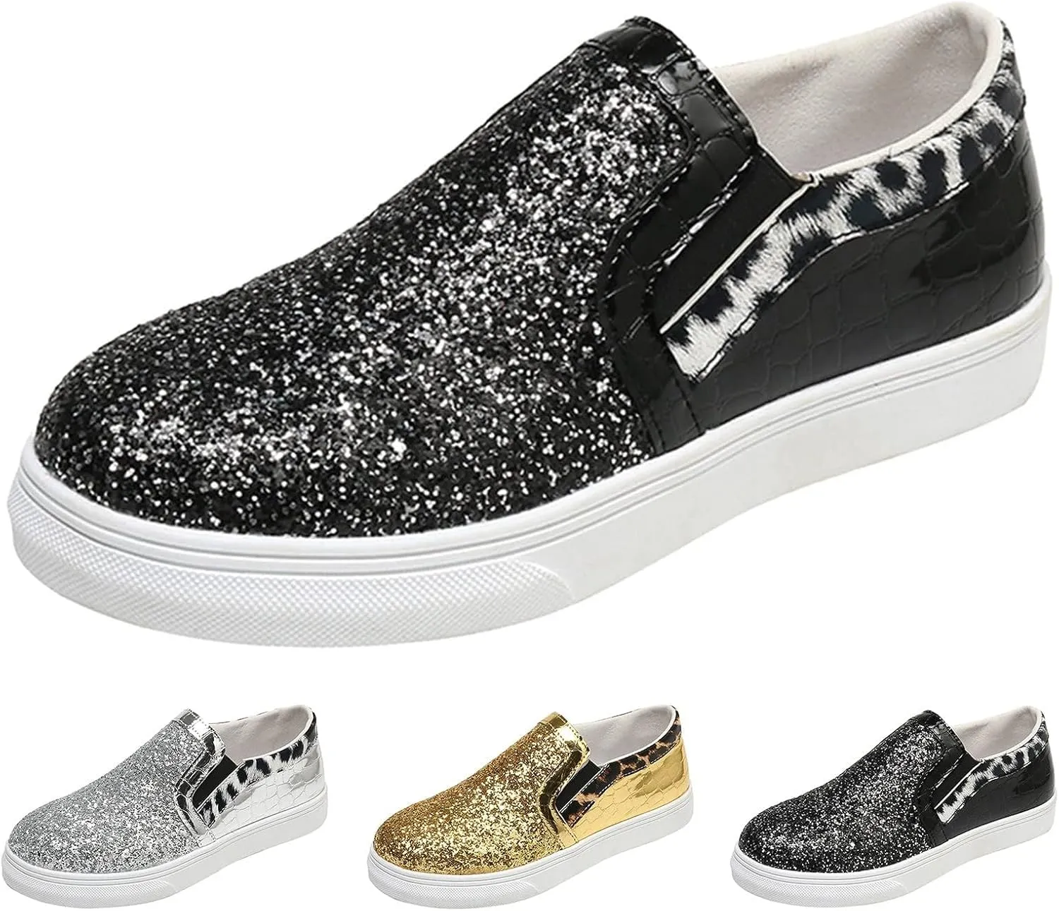 HINDOLA Women Rhinestone Platform Loafers Glitter Fashion Slip-On Sparkle Casual Flat Walking Shoes Bling Sequin Sneakers Gold