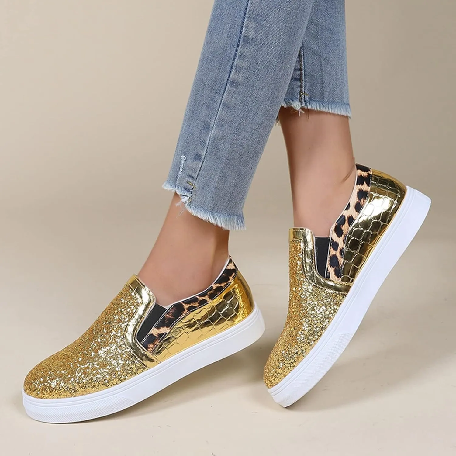 HINDOLA Women Rhinestone Platform Loafers Glitter Fashion Slip-On Sparkle Casual Flat Walking Shoes Bling Sequin Sneakers Gold