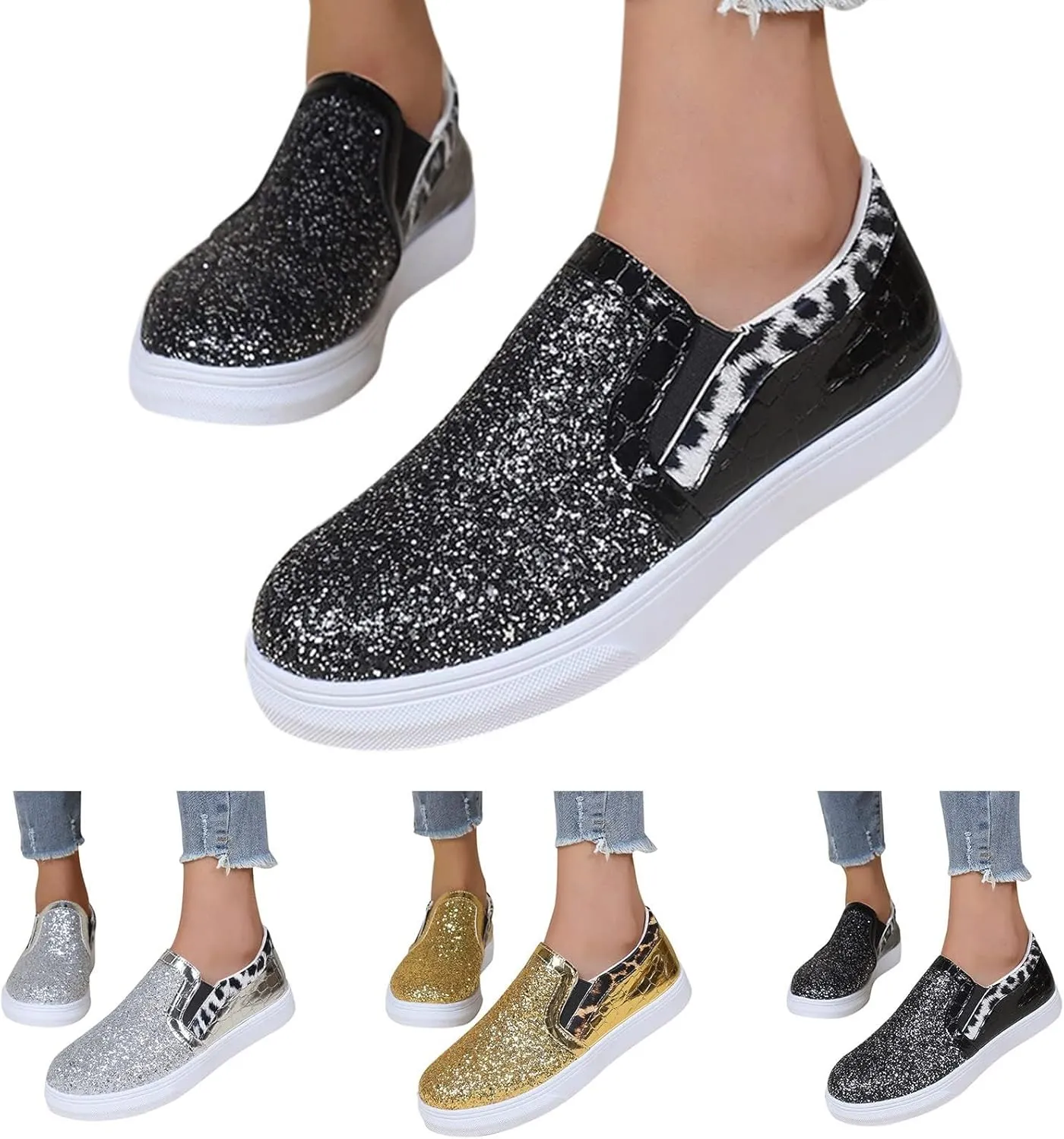 HINDOLA Women Rhinestone Platform Loafers Glitter Fashion Slip-On Sparkle Casual Flat Walking Shoes Bling Sequin Sneakers Gold