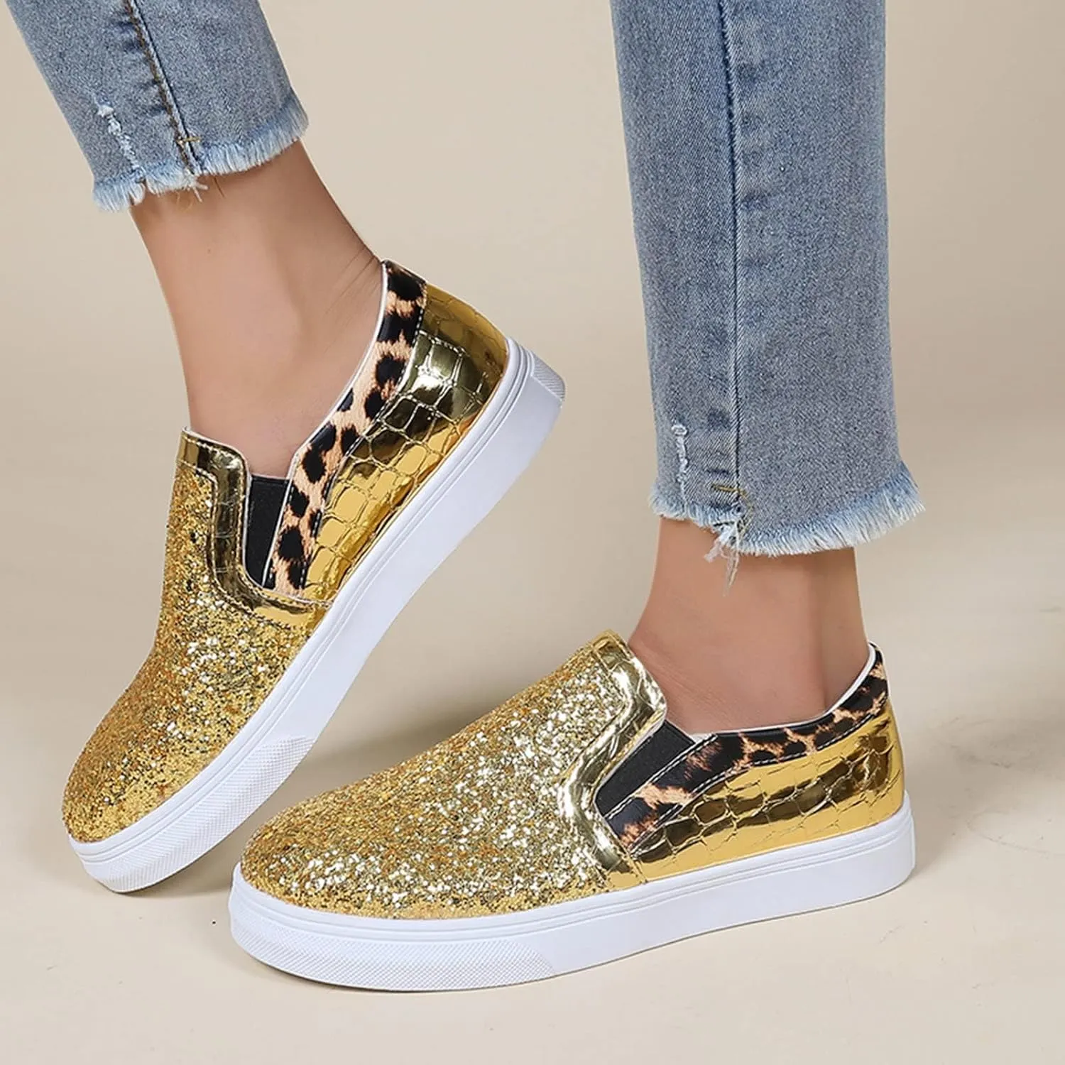 HINDOLA Women Rhinestone Platform Loafers Glitter Fashion Slip-On Sparkle Casual Flat Walking Shoes Bling Sequin Sneakers Gold