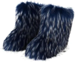 HINDOLA Womens Faux Fur Boots Fuzzy Fluffy Furry Round Toe Suede Boots Winter Comfy Plush Warm Snow Boots Comfortable Winter Ankle Booties Anti Slip Outdoor Indoor Flat Shoes