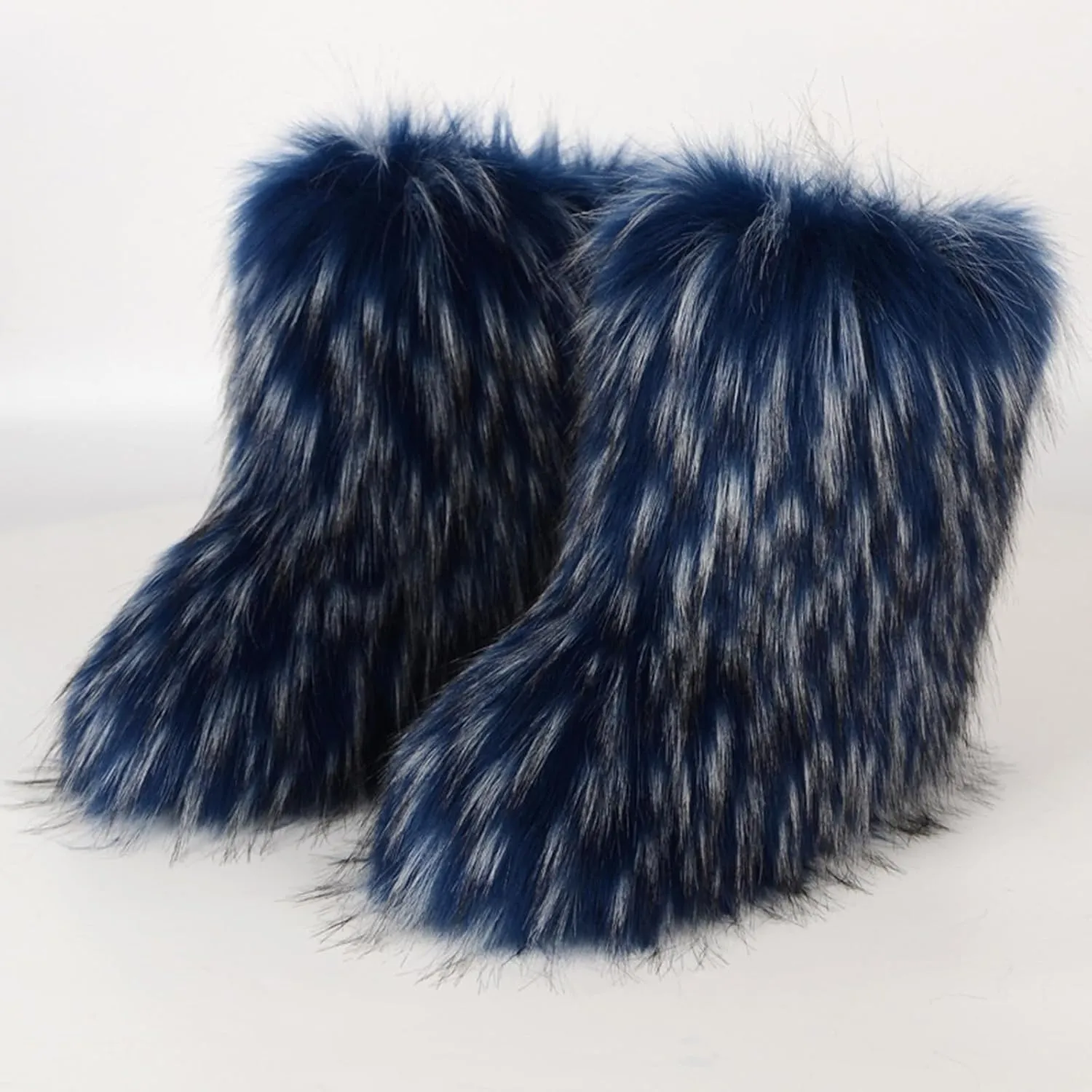 HINDOLA Womens Faux Fur Boots Fuzzy Fluffy Furry Round Toe Suede Boots Winter Comfy Plush Warm Snow Boots Comfortable Winter Ankle Booties Anti Slip Outdoor Indoor Flat Shoes