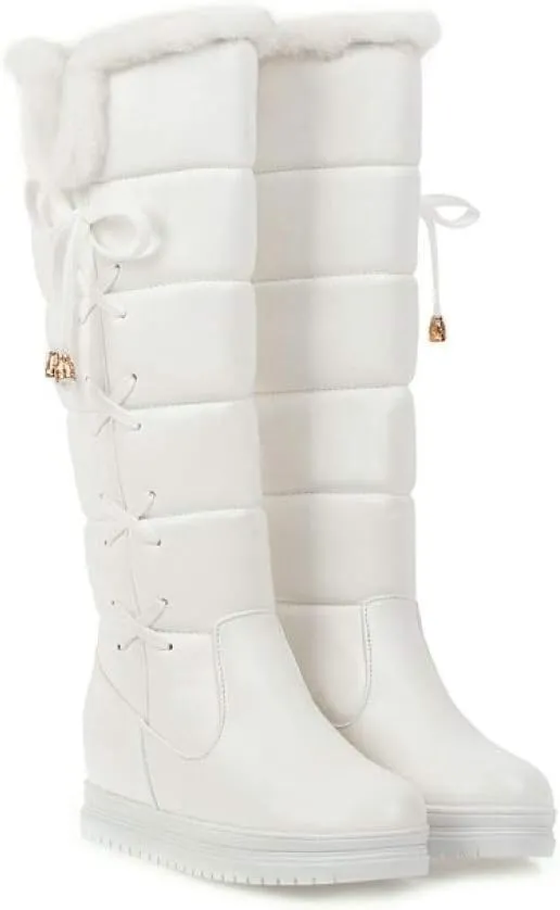 HINDOLA Women's Winter Warm Knee High Down Snow Boots Fur Lined Waterproof Cross-Tied Hidden Wedges Platform Boots