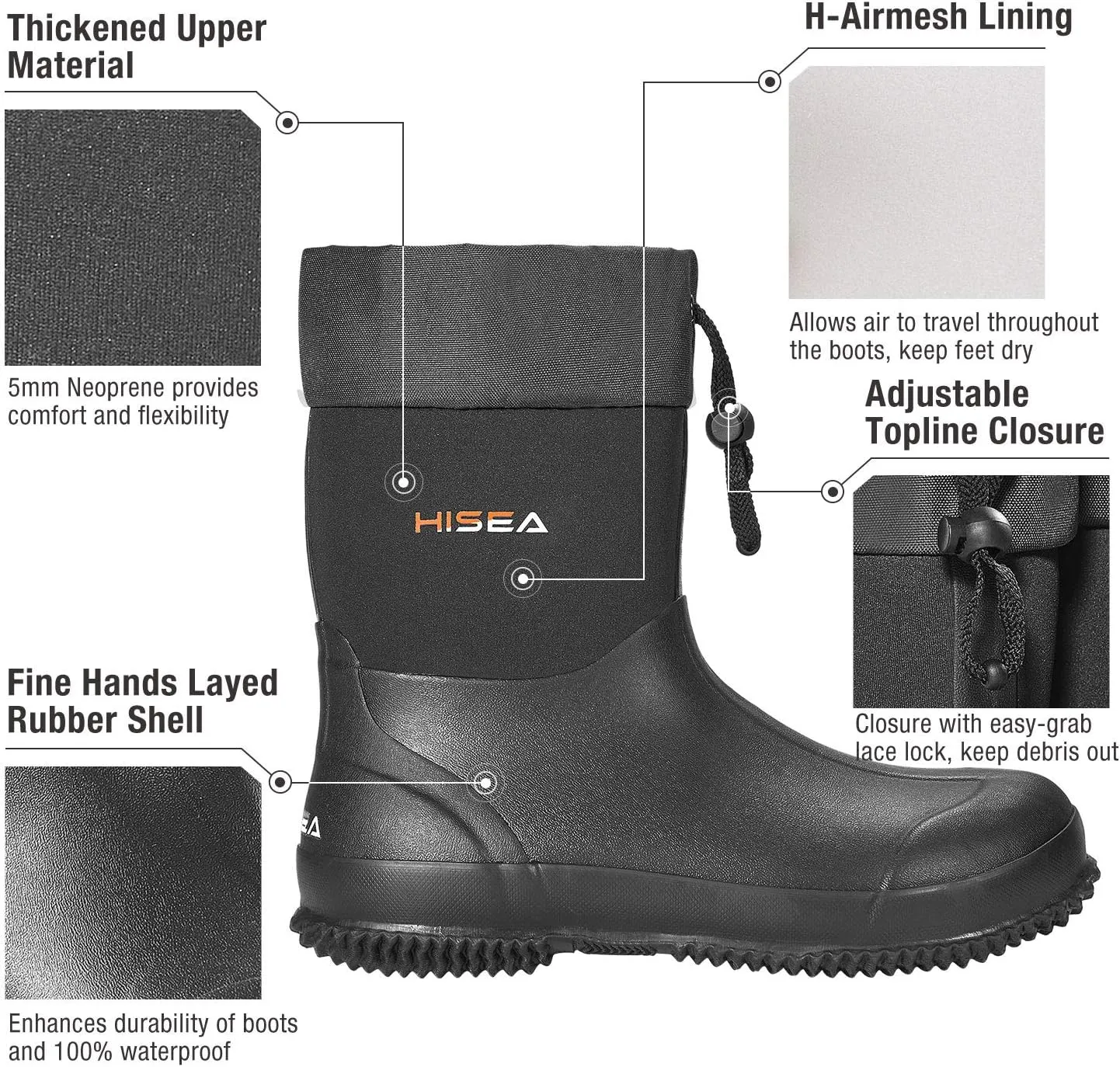 HISEA Men's Rain Boots, Garden Boots Ankle High Waterproof Neoprene Rubber Mud Boots