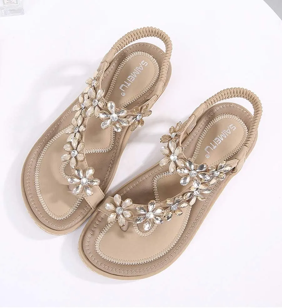 HNGHOU Women's Summer Sandals Casual Comfortable Bohemia Beach Flat Sandals Open Toe Ankle Crystal Gladiator Shoes