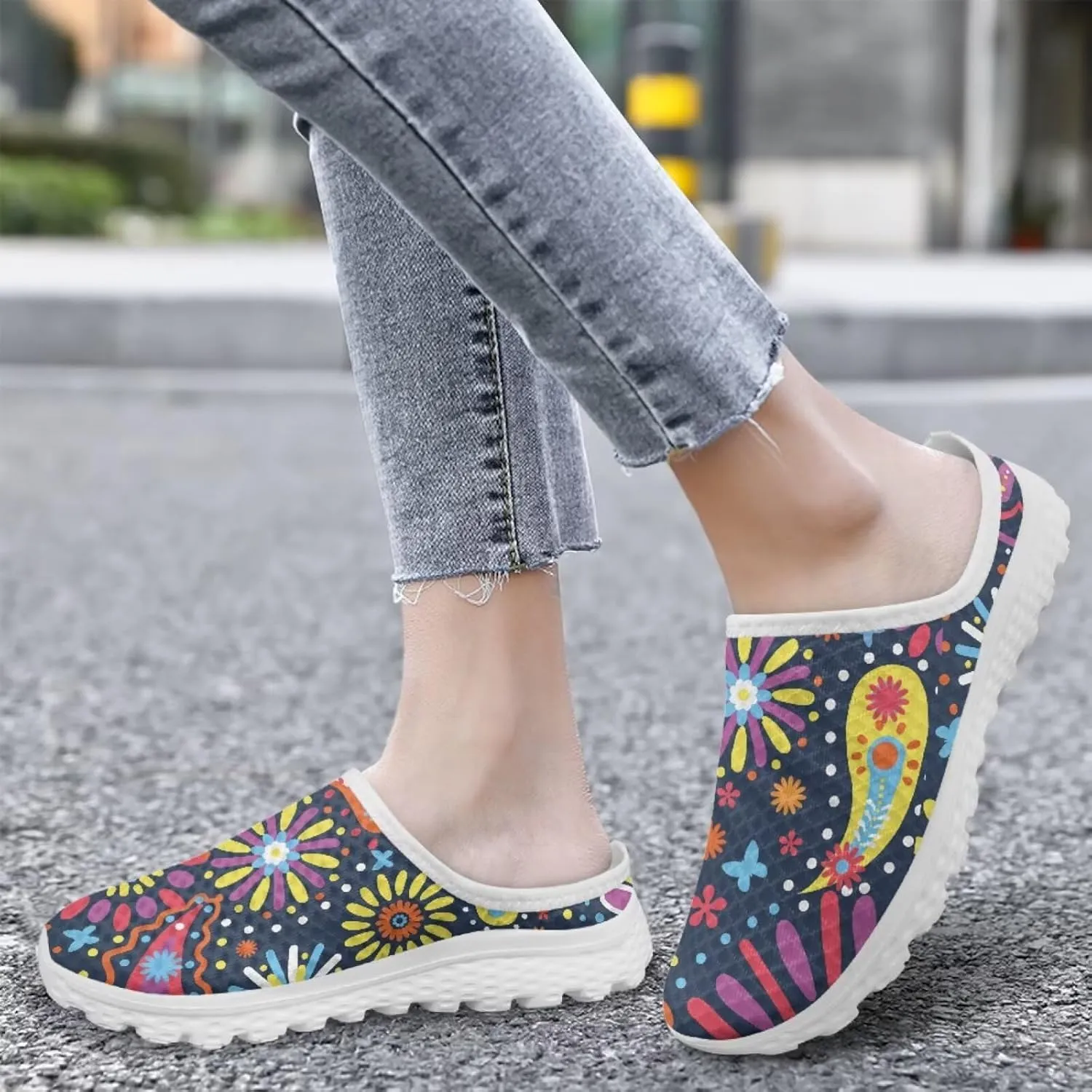 Howilath Flower Print Women's Mule Shoes Casual Garden Clogs Lightweight Slip on Sneakers Mules Sneakers with EVA Sole