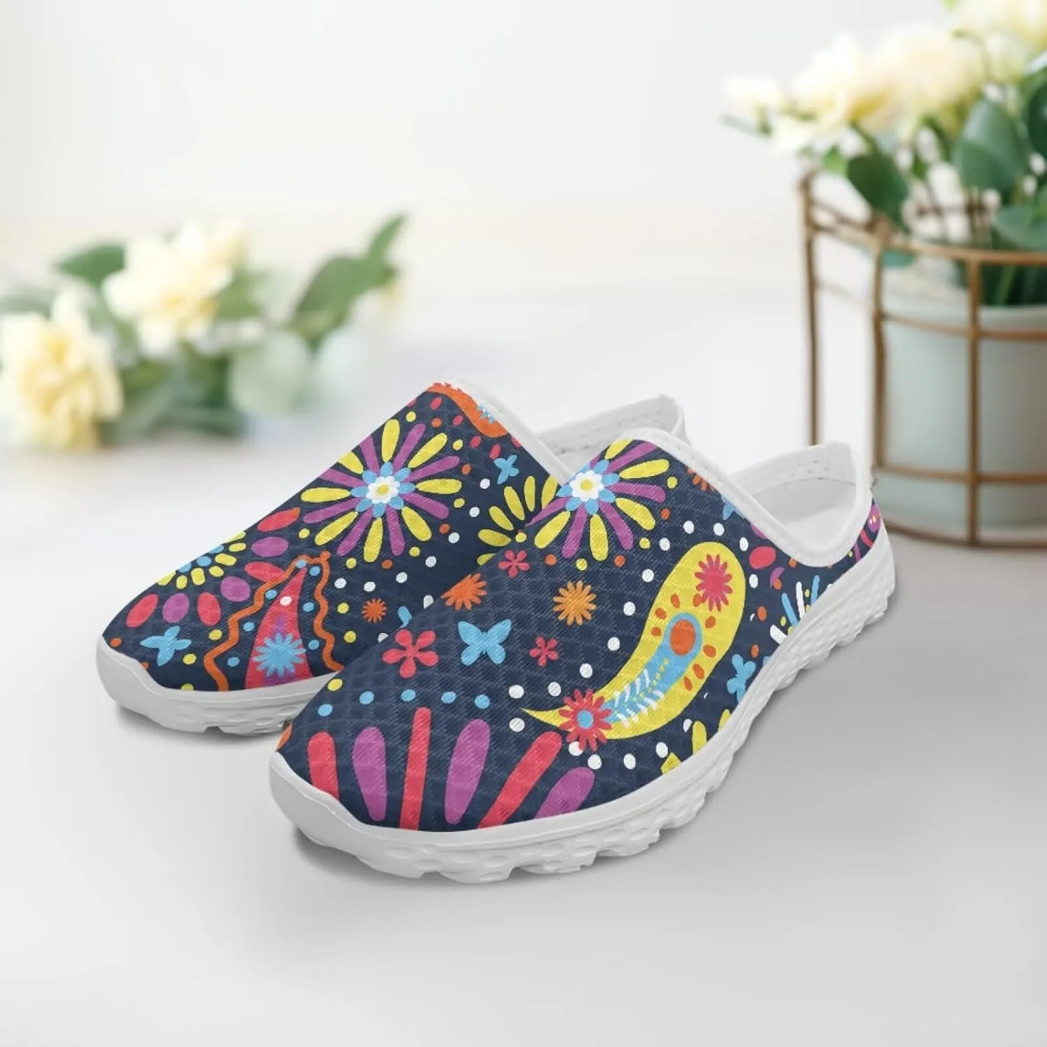 Howilath Flower Print Women's Mule Shoes Casual Garden Clogs Lightweight Slip on Sneakers Mules Sneakers with EVA Sole