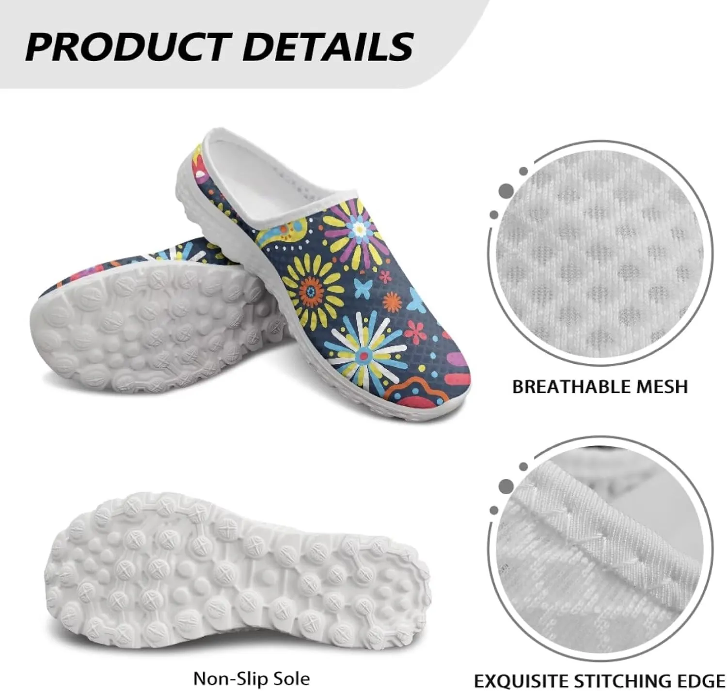 Howilath Flower Print Women's Mule Shoes Casual Garden Clogs Lightweight Slip on Sneakers Mules Sneakers with EVA Sole