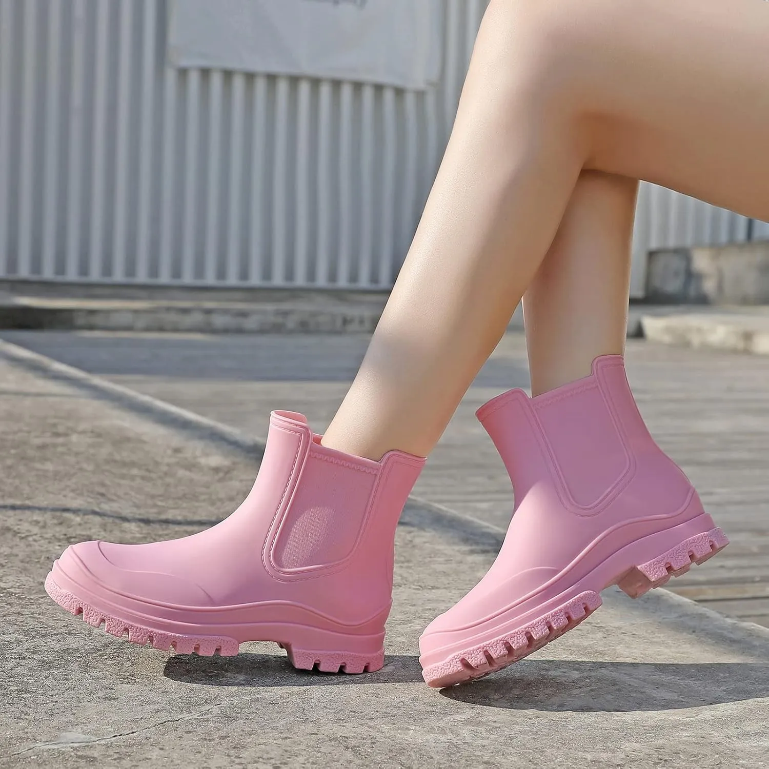 Hsttgsr Women's Rain Boots, Comfortable Elastic Adult Ankle Booties, Fashion Mid Heel Chelsea Boots, Waterproof Non-Slip Chunky Platform Lug Sole Short Garden Boots