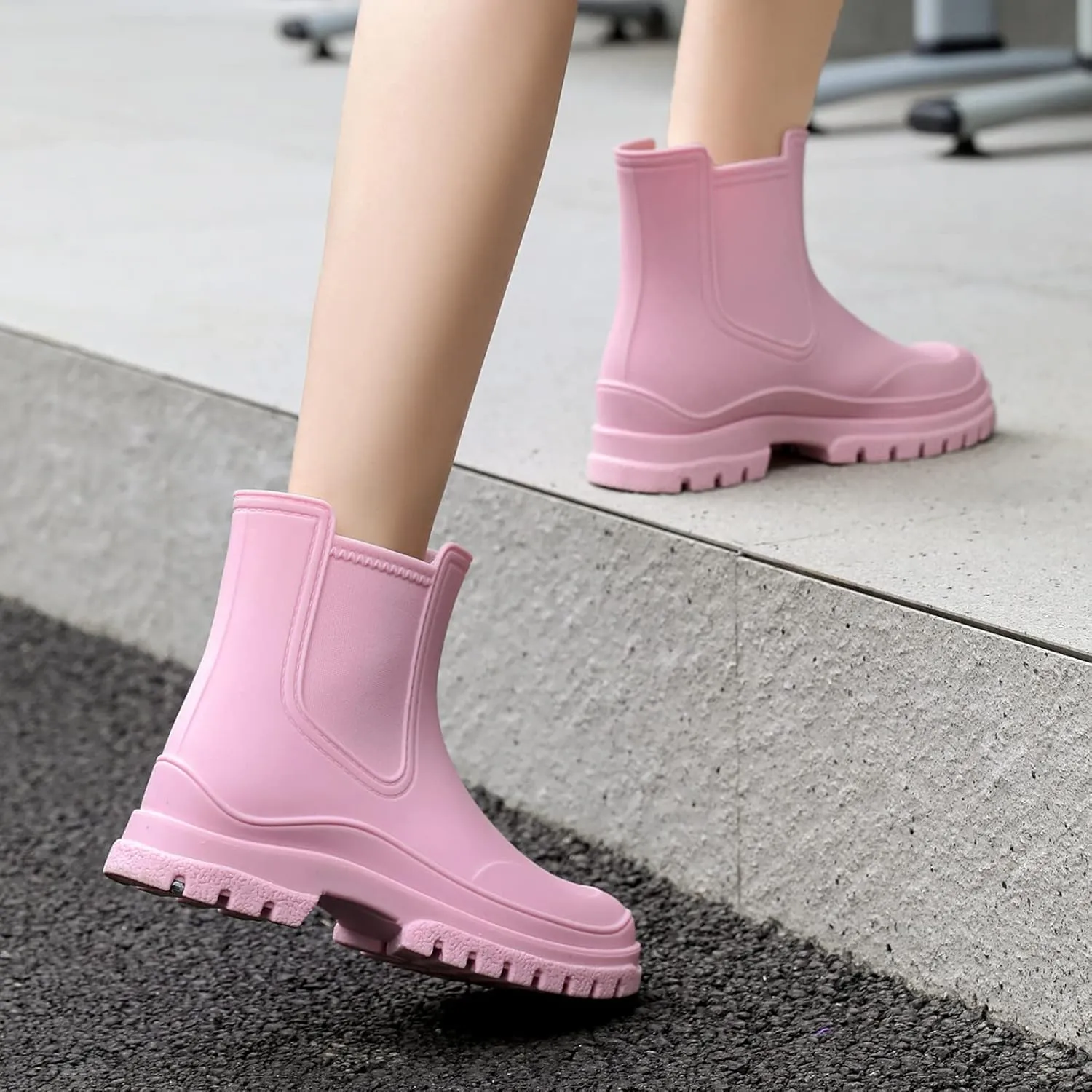 Hsttgsr Women's Rain Boots, Comfortable Elastic Adult Ankle Booties, Fashion Mid Heel Chelsea Boots, Waterproof Non-Slip Chunky Platform Lug Sole Short Garden Boots