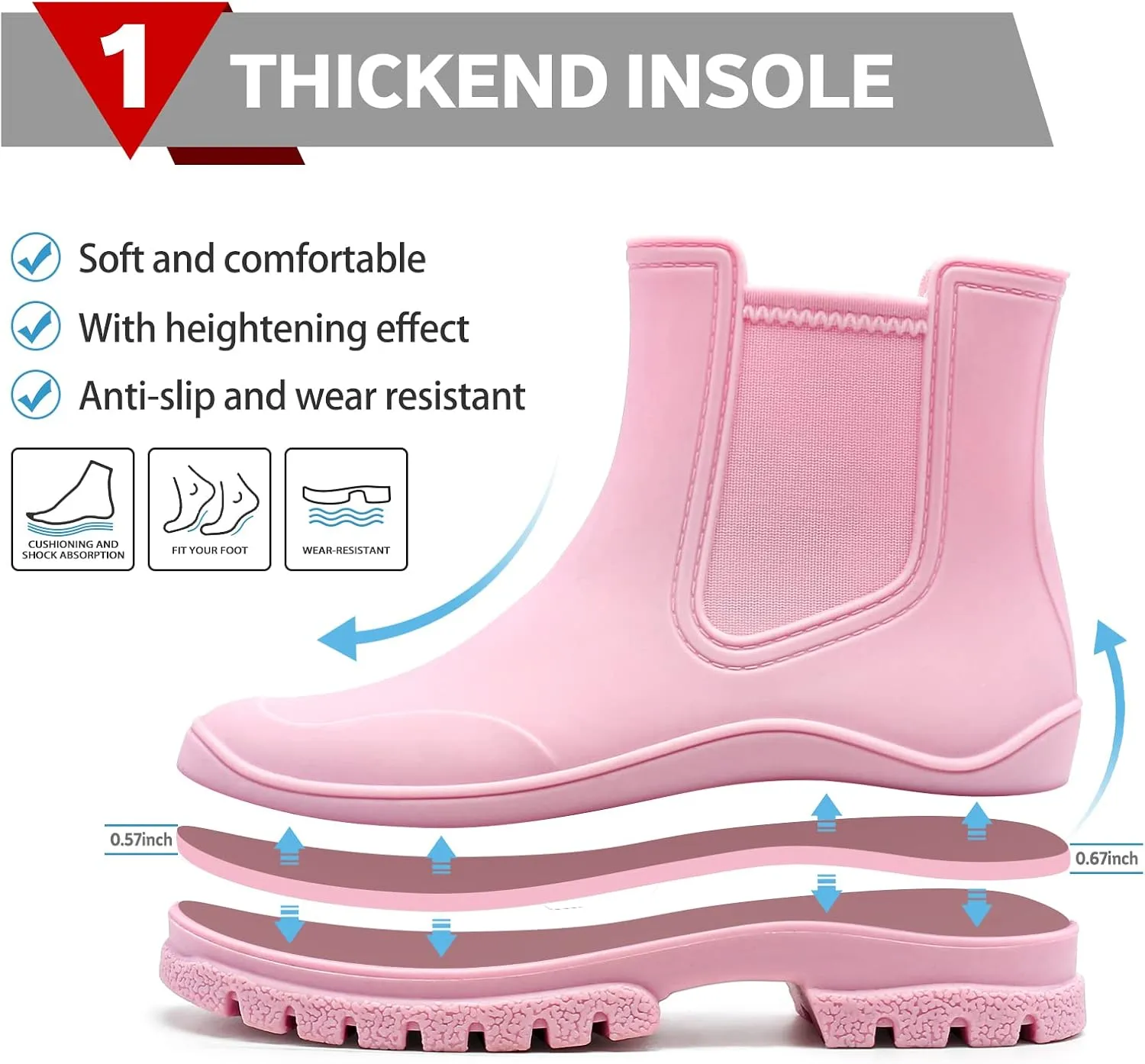 Hsttgsr Women's Rain Boots, Comfortable Elastic Adult Ankle Booties, Fashion Mid Heel Chelsea Boots, Waterproof Non-Slip Chunky Platform Lug Sole Short Garden Boots
