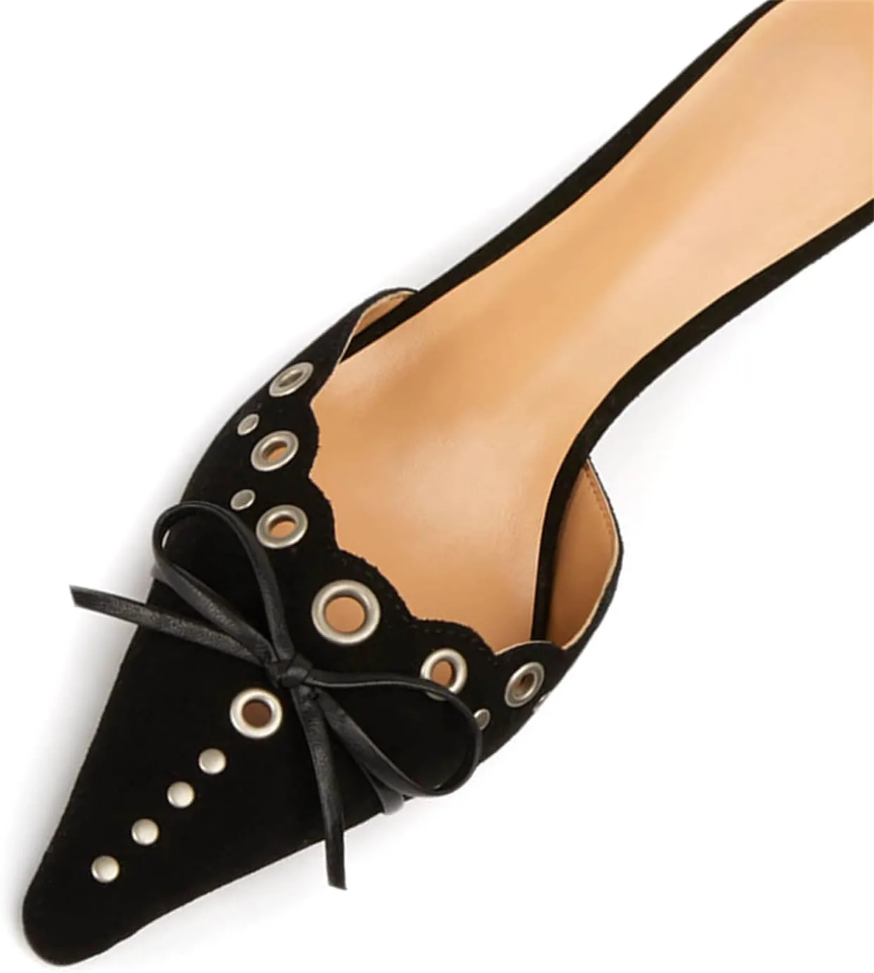 iadore Women's High Heel Mules, 3.2'' Closed Pointed Toe Bowknot Hollow-Out Slip-on Sandals with Antiqued Rivets Casual Office Dress Shoes