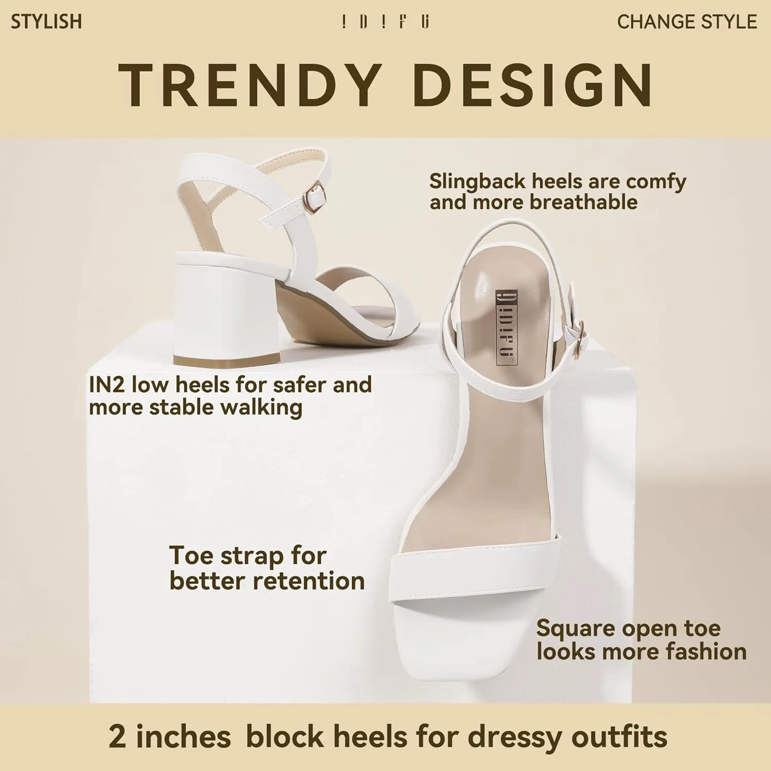 IDIFU IN2 Low Block Heels for Women Chunky Heels Square Open Toe Heeled Sandals Wedding Bride Prom Graduation Dress Shoes Comfortable Cute Trendy Summer Casual Ankle Strap Heels